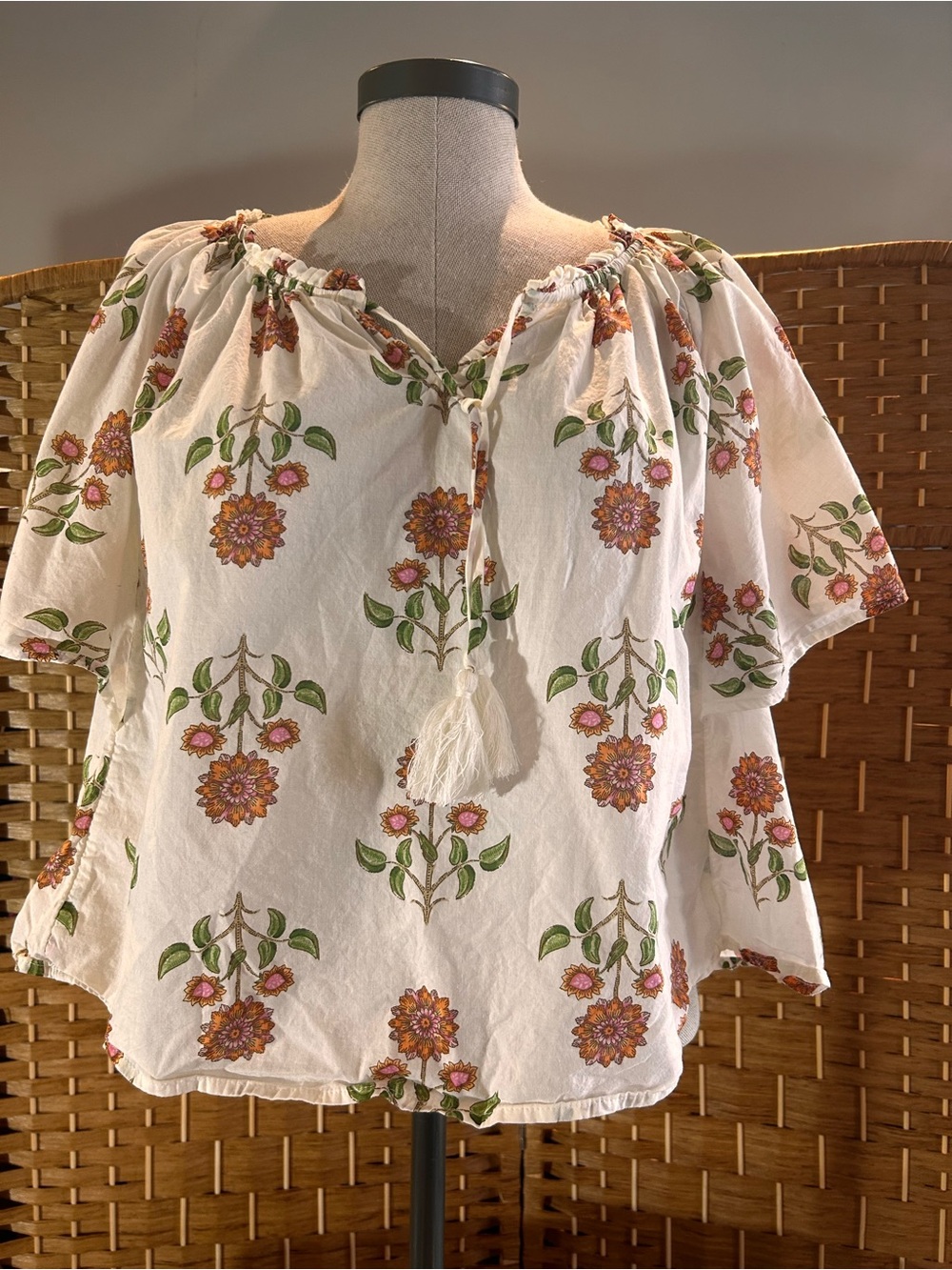 Boho Cotton Peasant Blouse Floral Tassel Tie Cottagecore Folk Top Old Navy M